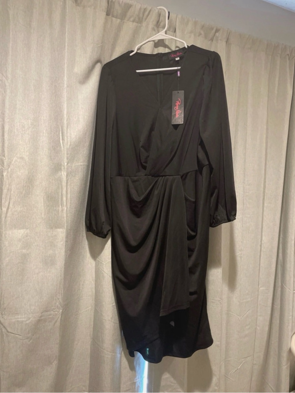 Black Long-Sleeve Wrap Dress with Drape Detail